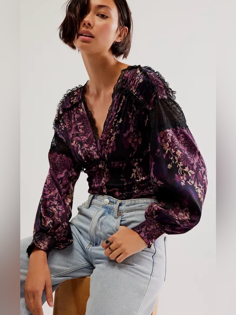 Worth the Wait Bodysuit in Black Combo Floral Lace-Trim Long Sleeve